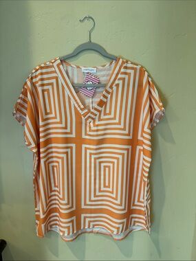 First Love Orange & White Geometric V-Neck Tunic Top